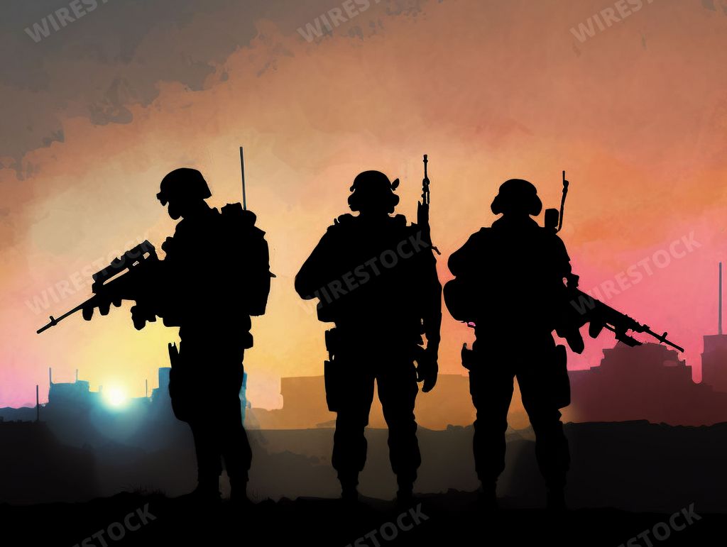 The silhouettes of three soldiers with weapons