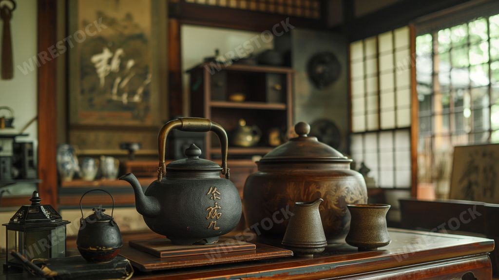 An AI generated illustration of a traditional Japanese tea room with antique teapots