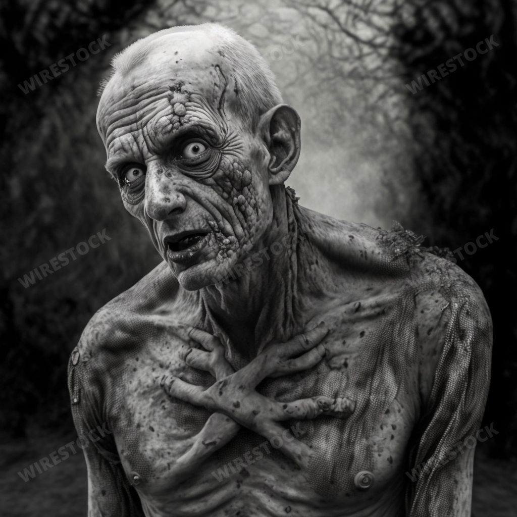 An AI generated illustration of a zombie in a dark night, its head protruding from the shadows
