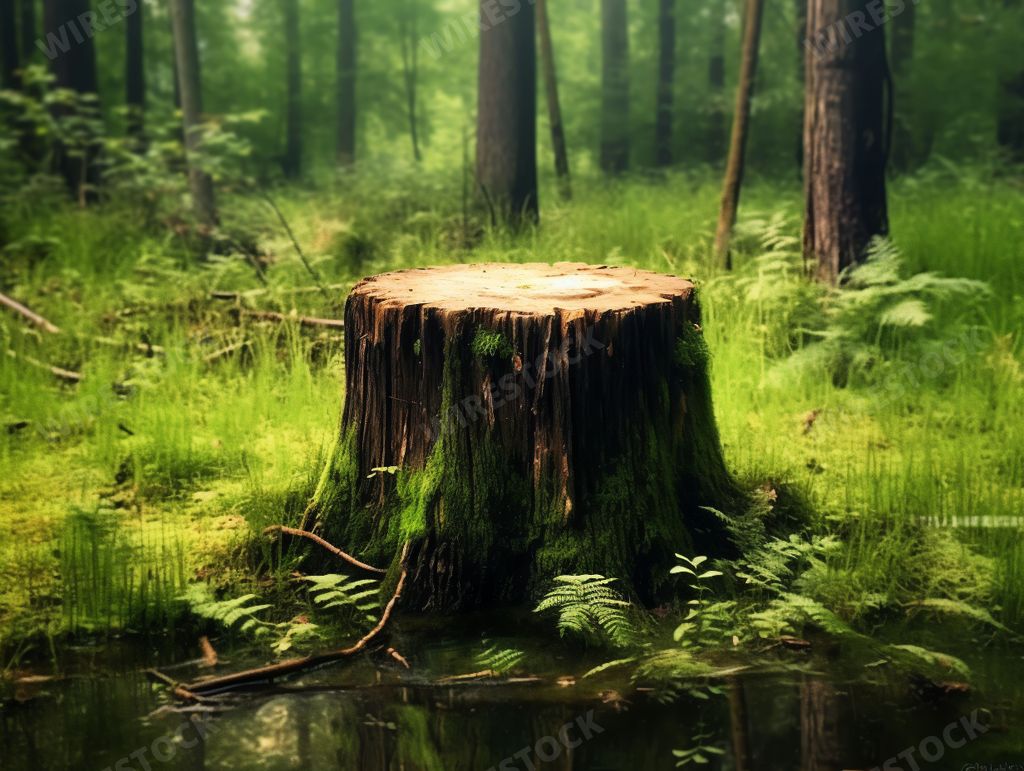 An AI generated illustration of A lone tree stump stands proudly in a tranquil landscape surrounded by trees and a body of water