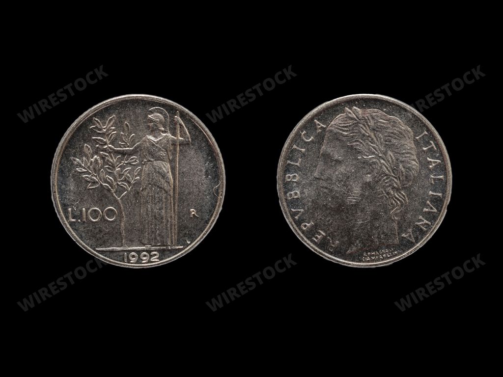 Italian lira coin obverse and reverse. Old currency of Republic of Italy. Financial concept