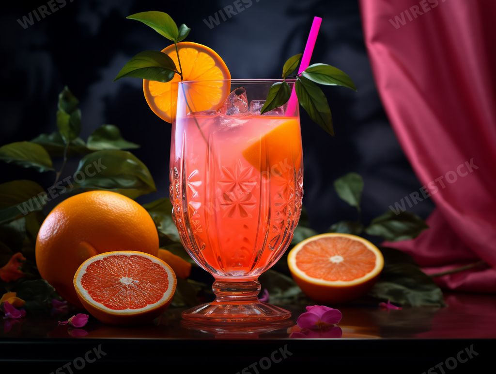 An AI generated illustration of an ice-cold glass of refreshing juice with green leaves and a straw