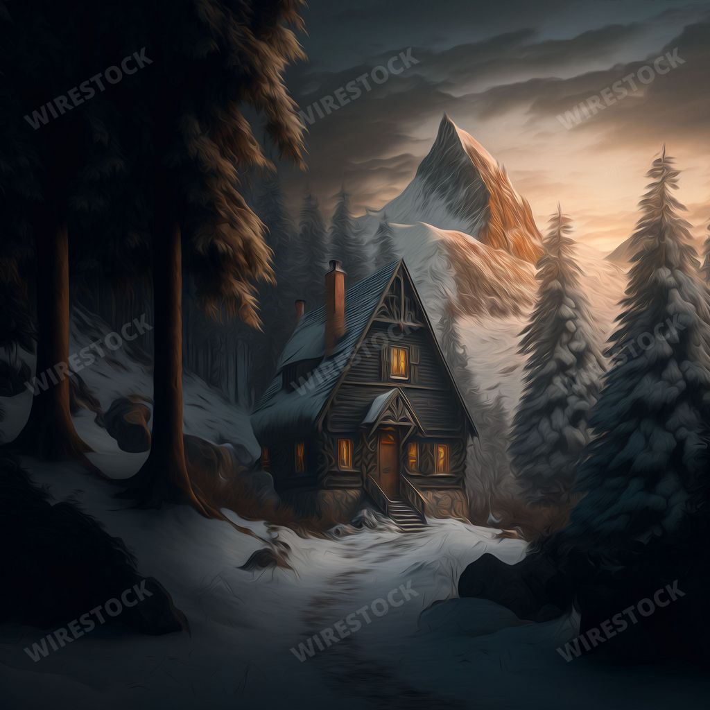 An AI generated illustration of a small wooden cabin situated amongst a range of majestic mountains, illuminated by a cloudy sky