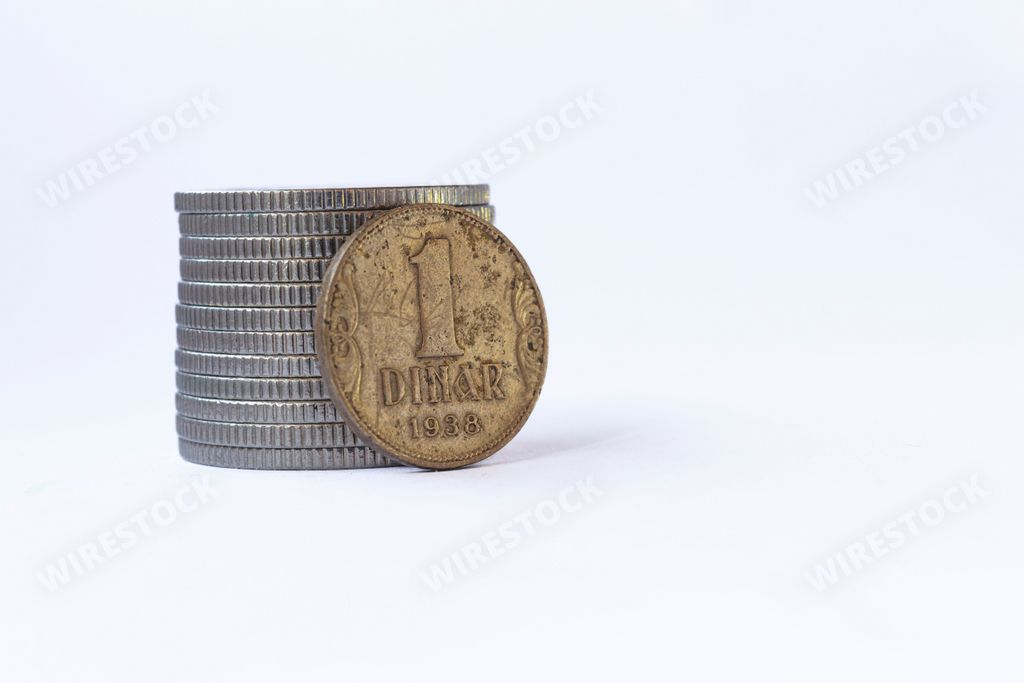 A close-up image of a 1 Dinar coin from the Kingdom of Yugoslavia placed on a white background