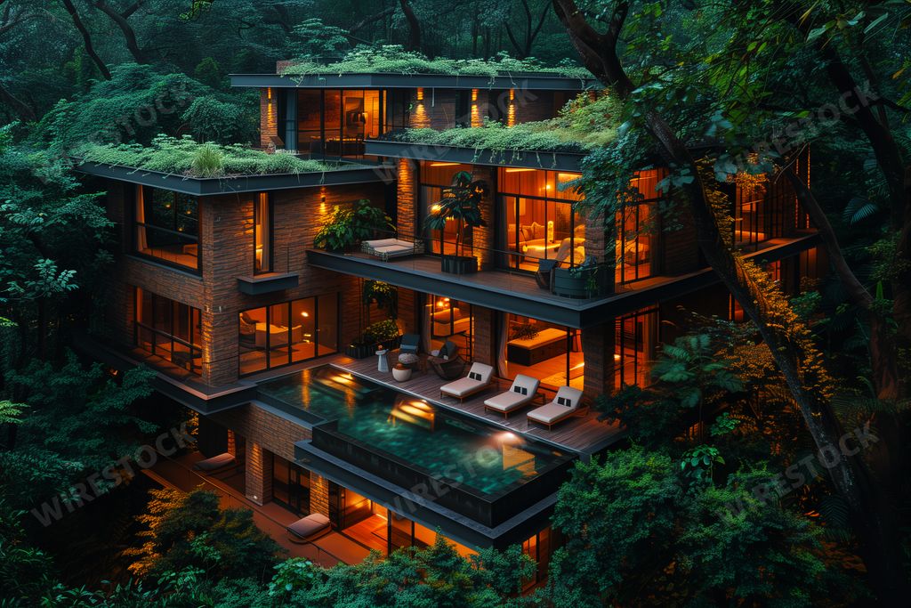 A beautiful house amidst a lush jungle setting, AI-generated.