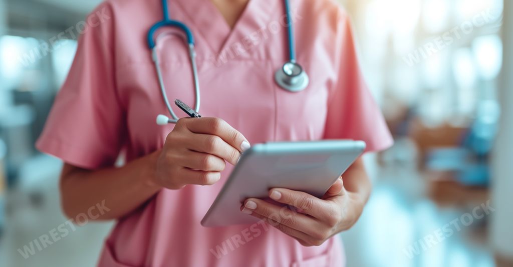 An AI generated illustration of a Closeup of healthcare worker in scrubs holding a digital tablet
