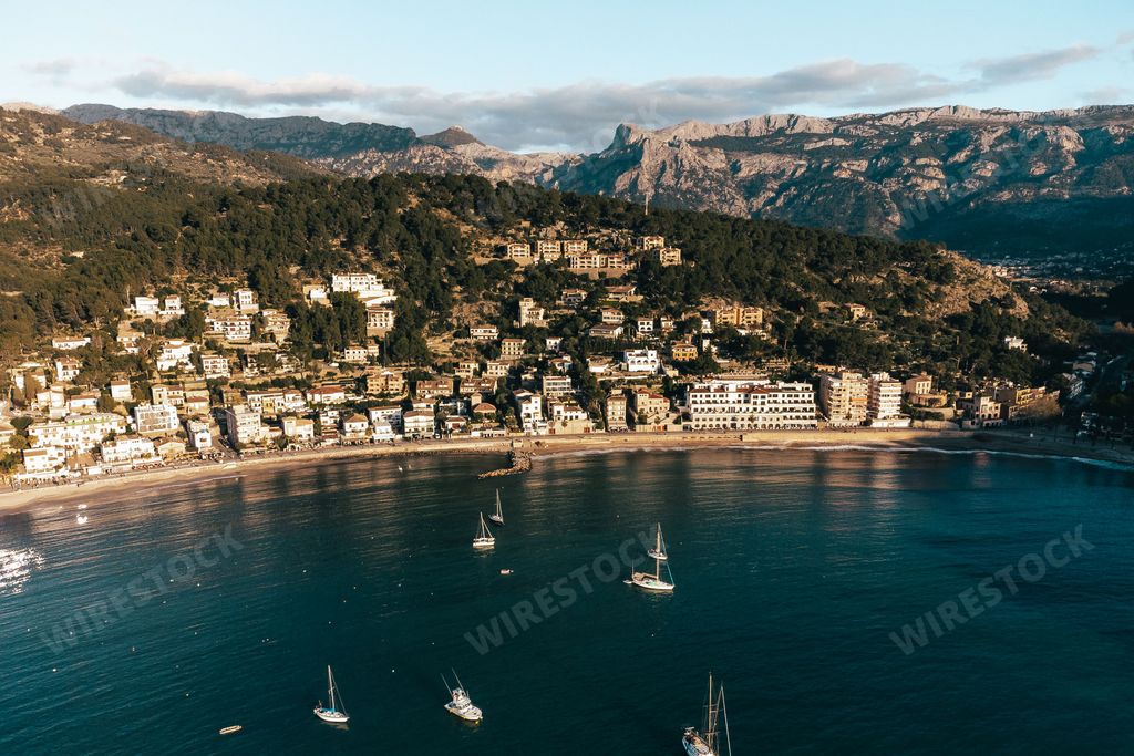 An aerial view of the cityscape in Mallorca, Spain with the city in the background