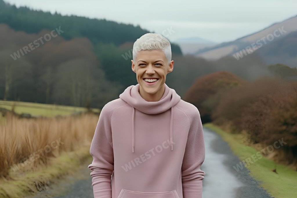 An AI generated illustration of a young, smiling woman in short white hair, standing on a dirt road