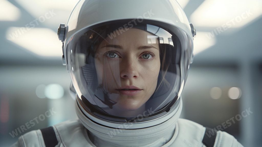 An AI generated illustration of a female astronaut in a space suit