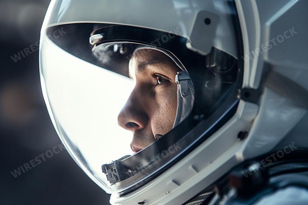 An AI generated illustration of A man wearing a space helmet is looking out the window of a spacecraft