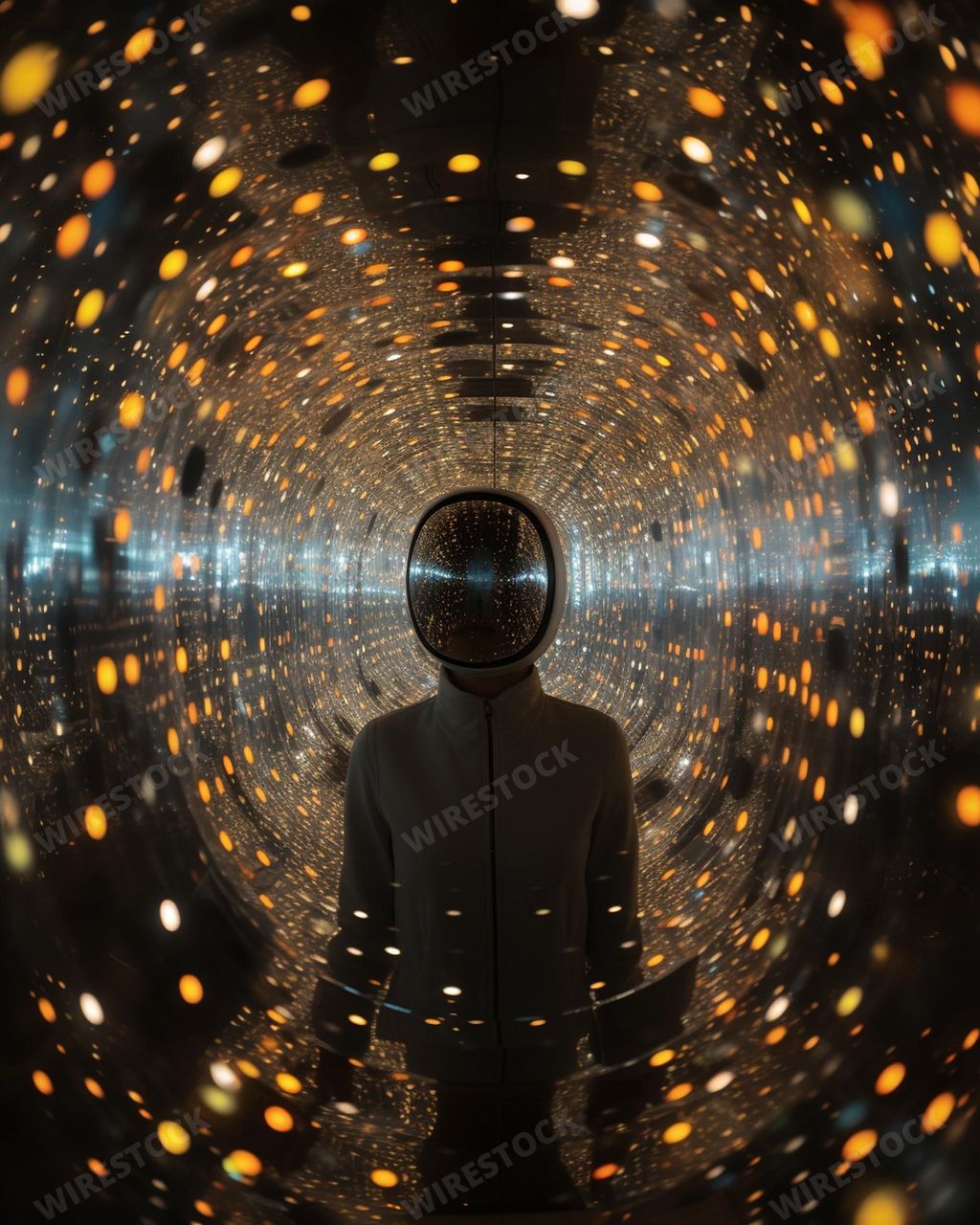 An AI generated illustration of a man in front of a mirror ball reflecting bright colored illumination