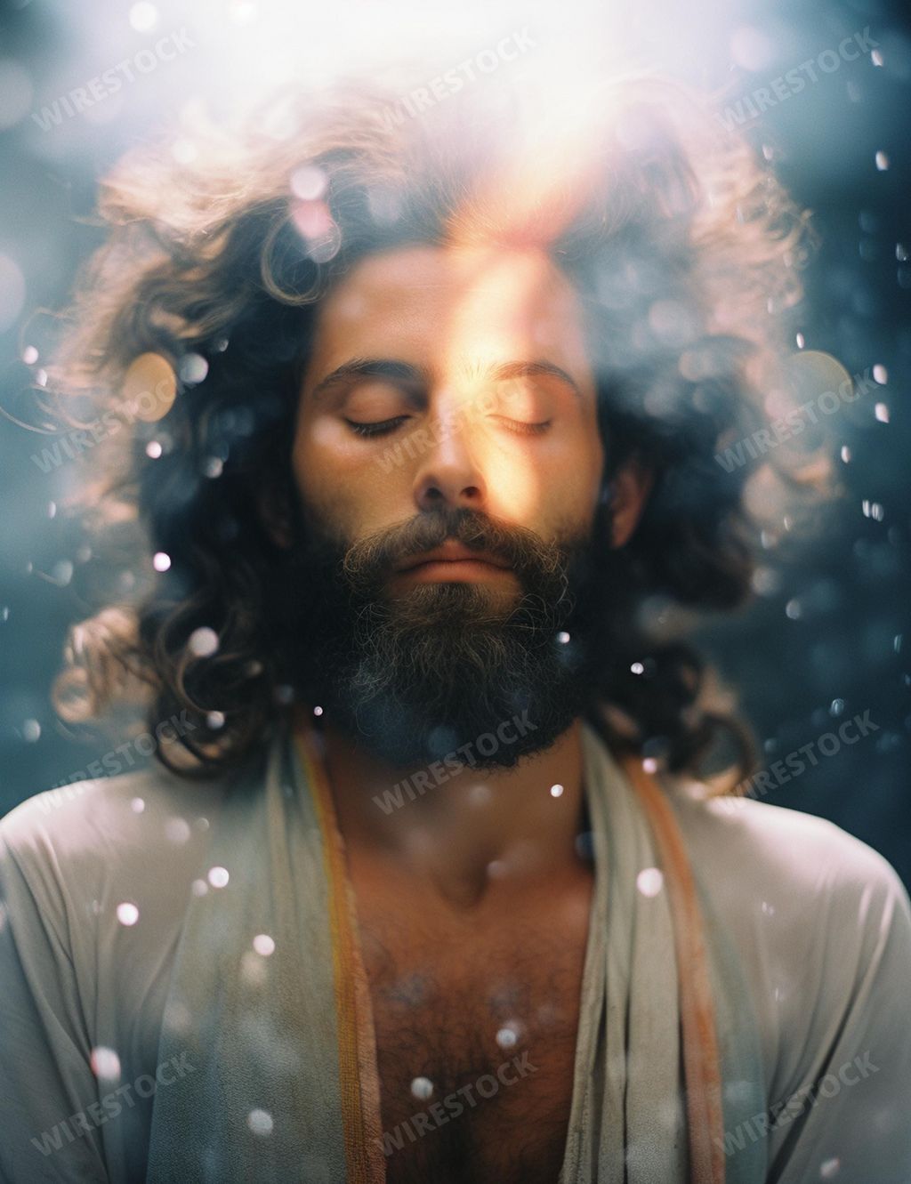 An AI generated illustration of a portrait of Jesus Christ surrounded by illuminated bubbles