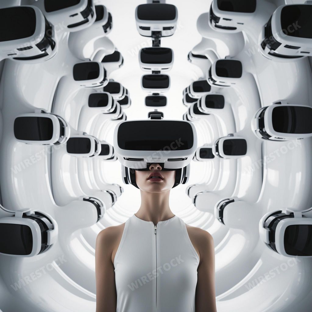 An AI generated illustration of a female wearing virtual reality goggles against VR headsets