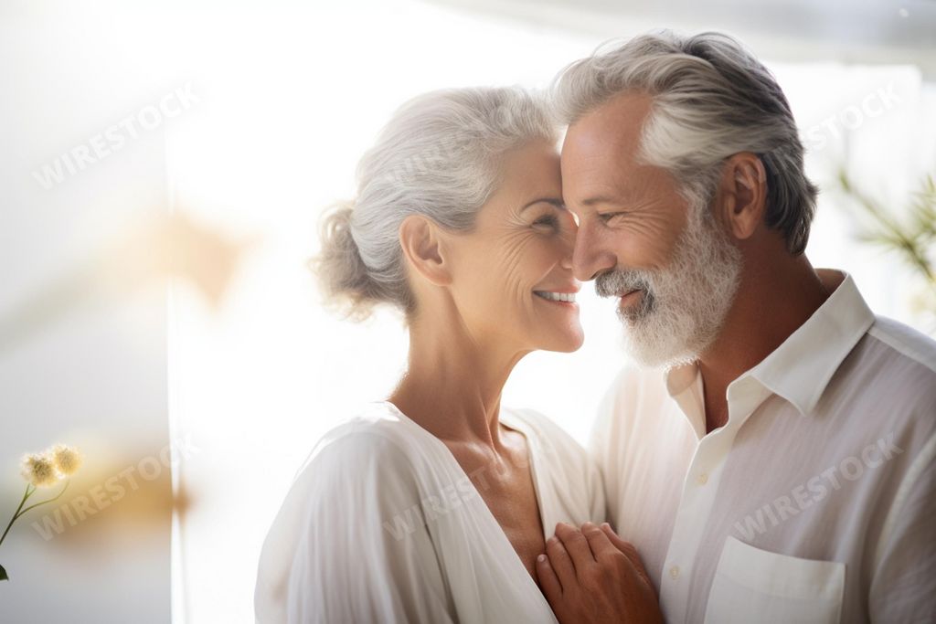 A cheerful elderly couple poses for a photograph together. AI generated