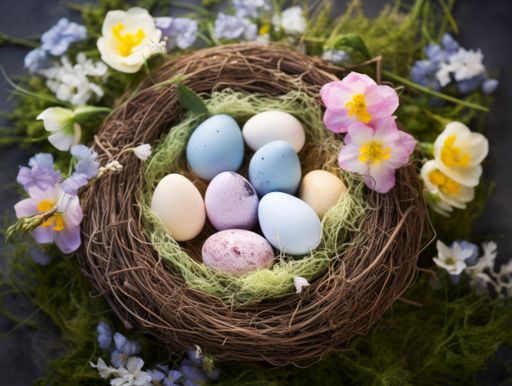AI generated illustration of a nest filled with Easter eggs and ...