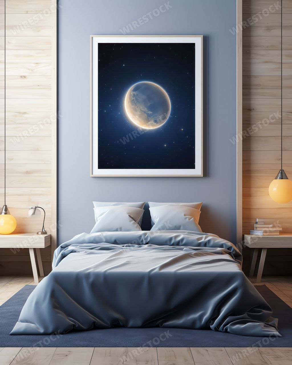 An AI illustration of An image of a moon and its reflection captured in a picture frame on a wall