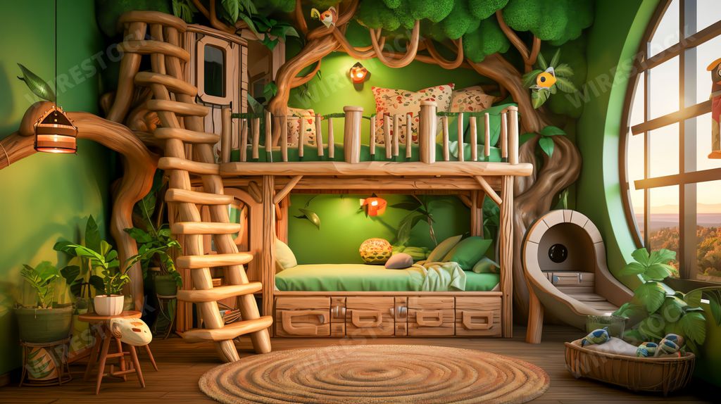 An AI illustration of This image depicts a cheerful child's bedroom, featuring a colourful bunk bed with a slide attached