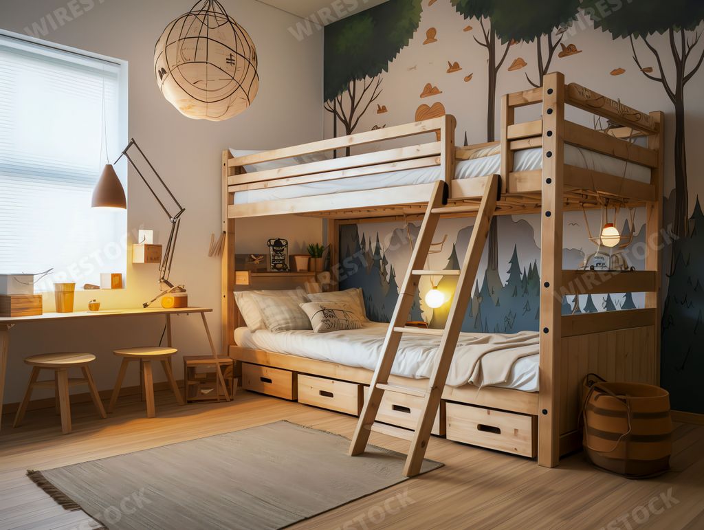 An AI illustration of A cozy bedroom is illuminated with natural light from a nearby window, featuring a bunk bed with a ladder and storage compartmen
