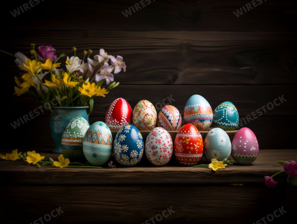 An AI generated illustration of colorful Easter eggs adorned with flowers in the foreground