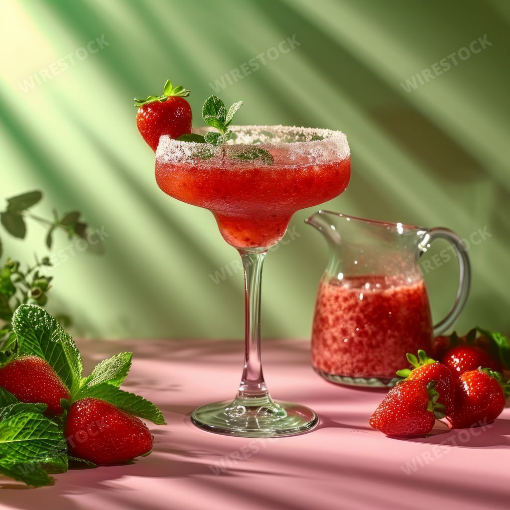 An AI generated illustration of A glass of strawberry martini with sliced strawberries next to it