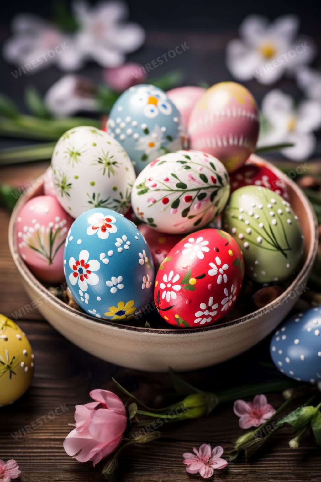 An AI generated illustration of colorful Easter eggs in a small bowl on a wooden surface