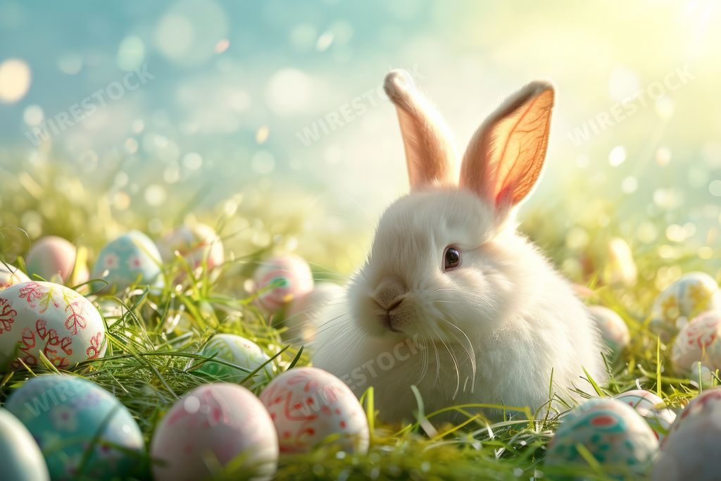 An AI-generated illustration of a cute white rabbit with colorful Easter eggs