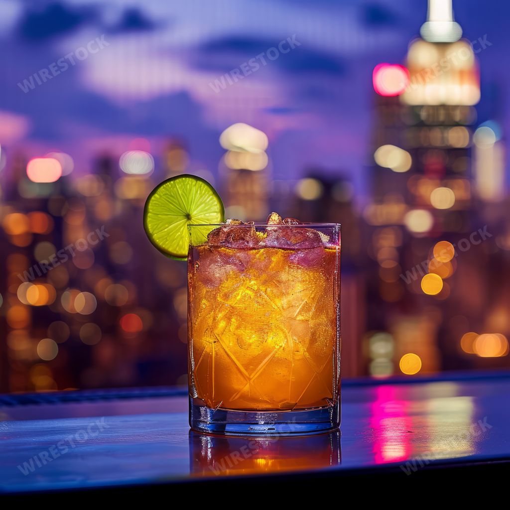 An AI generated illustration of a glass of refreshing drink with lemon slice, city skyline in background
