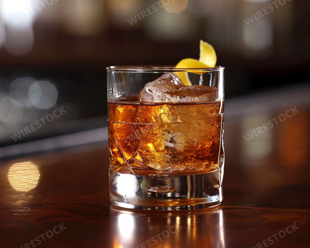 An AI generated illustration of A lemon and a glass of whisky on a bar counter