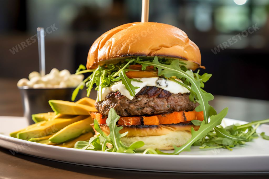 An AI generated illustration of an appetizing hamburger served on a plate, with lettuce and onion