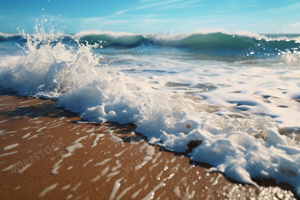 An AI generated illustration of the ocean with choppy waves crashing against the shoreline, creating a white, foamy spray