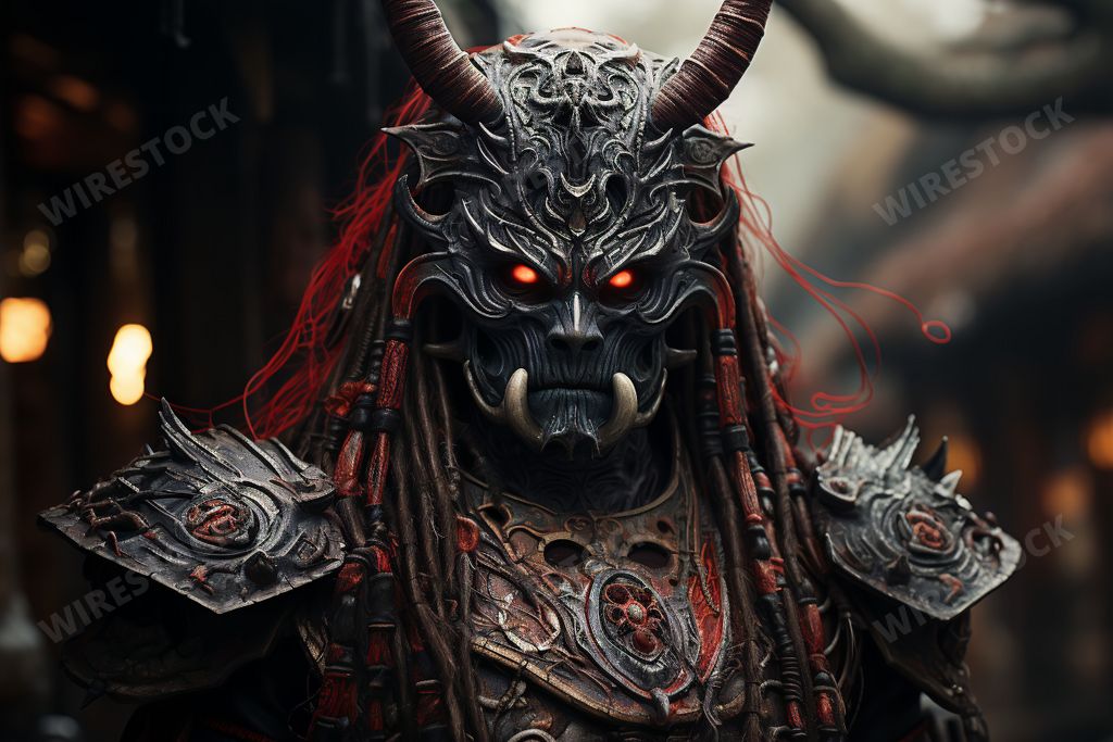 A dark fantasy character with a menacing, horned mask and demonic armor. AI-generated.