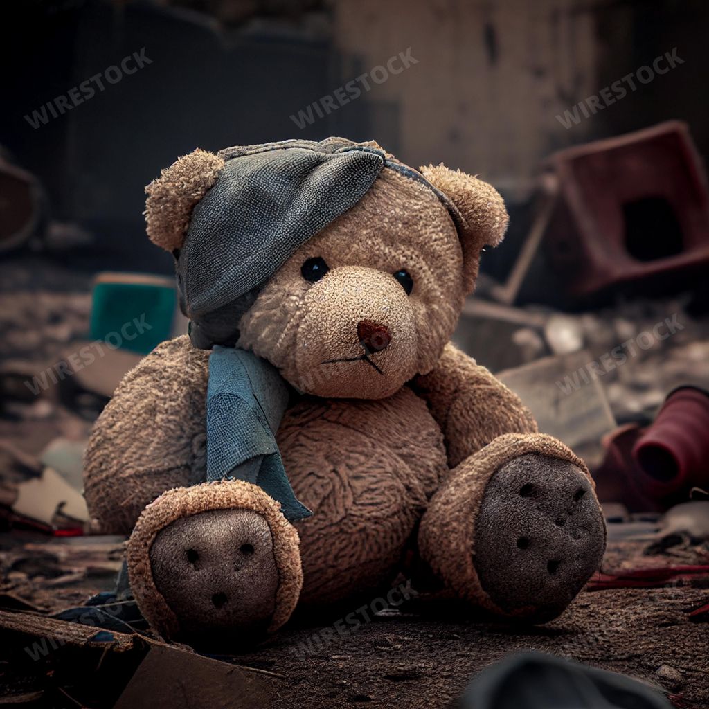 An AI generated illustration of a teddy bear placed carelessly on the rubble of a dilapidated building, signifying the tragedy of its destruction