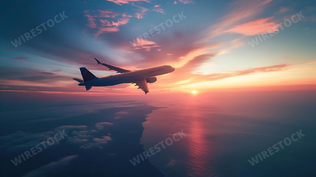 An AI generated illustration of Airplane soaring through sunset-lit clouds