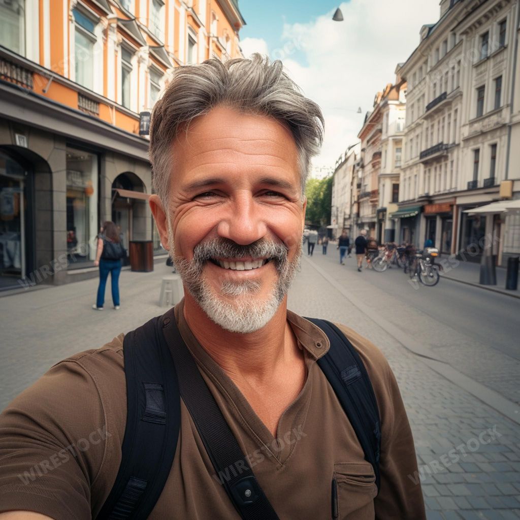 An AI generated illustration of a bearded man taking a selfie on the street
