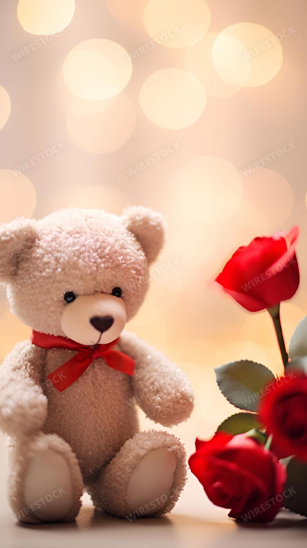 An AI generated illustration of a teddy bear sits next to red roses
