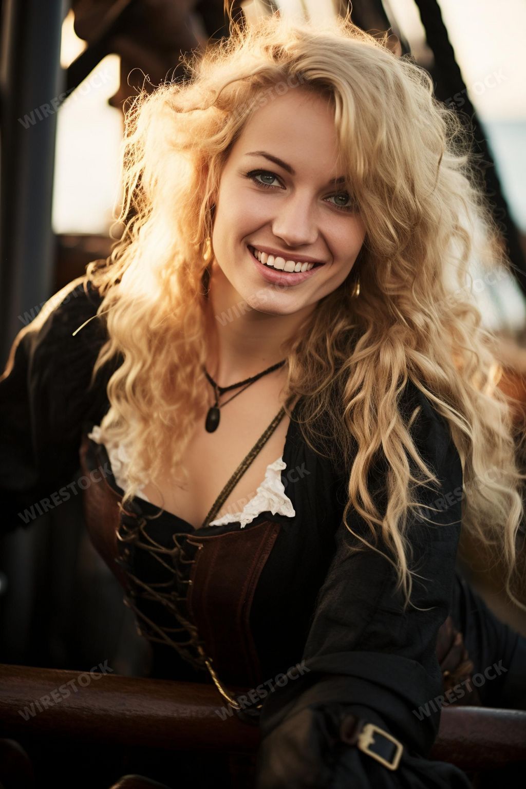 An AI generated illustration of a cheerful young female model in a pirate costume with blonde hair