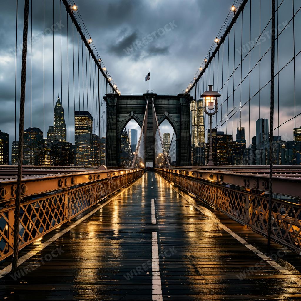 An AI-generated illustration of the Brooklyn Bridge in the evening with the cityscape in the background