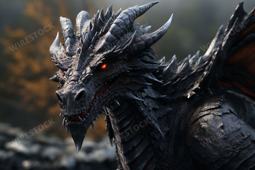 An AI generated illustration of A close-up shot of a majestic dragon with glowing red eyes