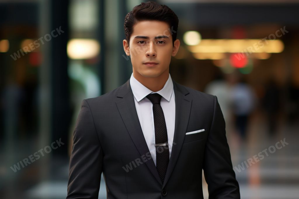 A portrait of a young handsome Asian man wearing a black business suit. AI-generated.