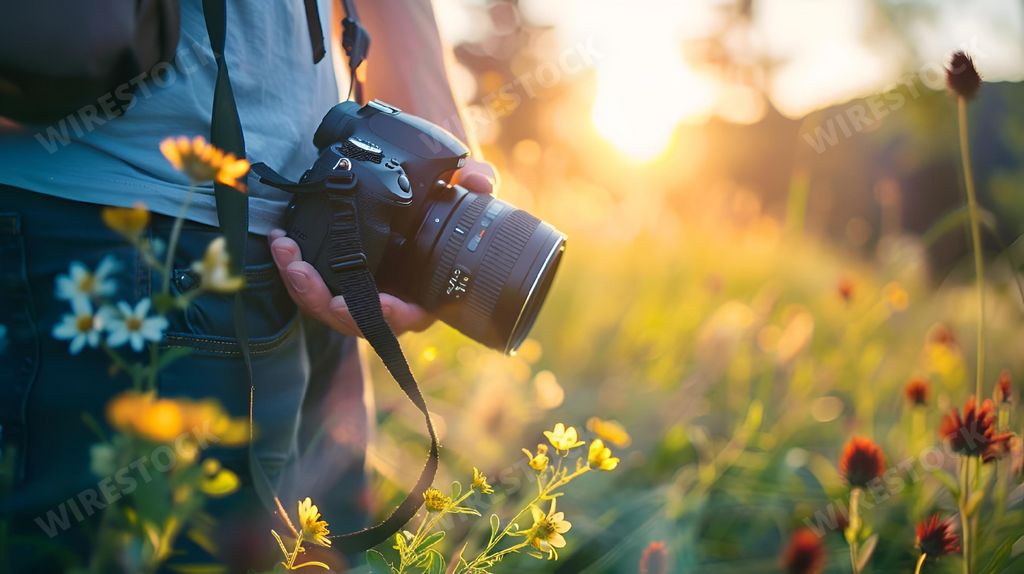 An AI generated illustration of Photographer capturing vibrant blossoms in a picturesque field