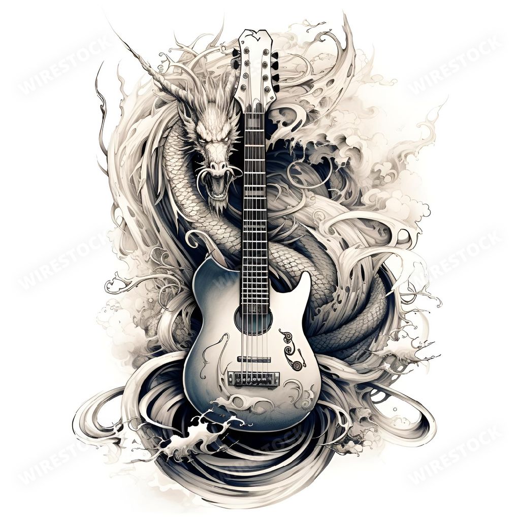 An AI generated illustration of a beautiful black electric guitar with an ornate, colorful dragon illustration on the back