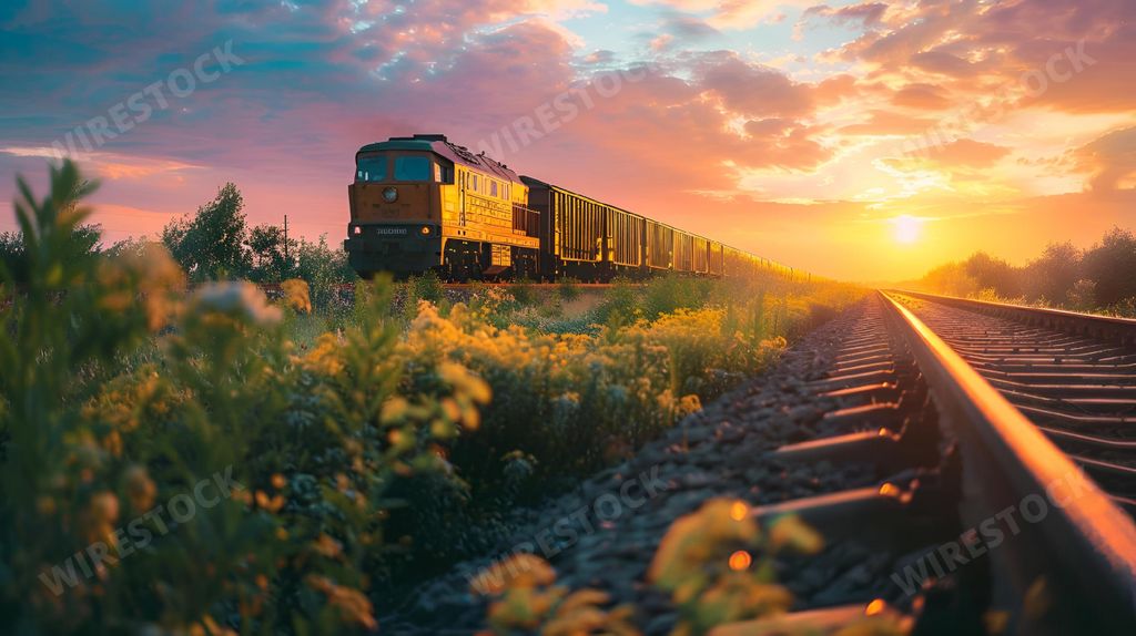 An AI generated illustration of Train on tracks near vibrant yellow flower field under cloudy sky