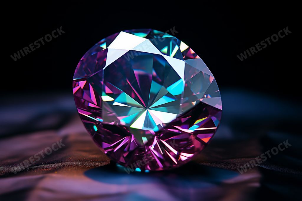 An AI generated illustration of a single purple diamond sparkling against a black background