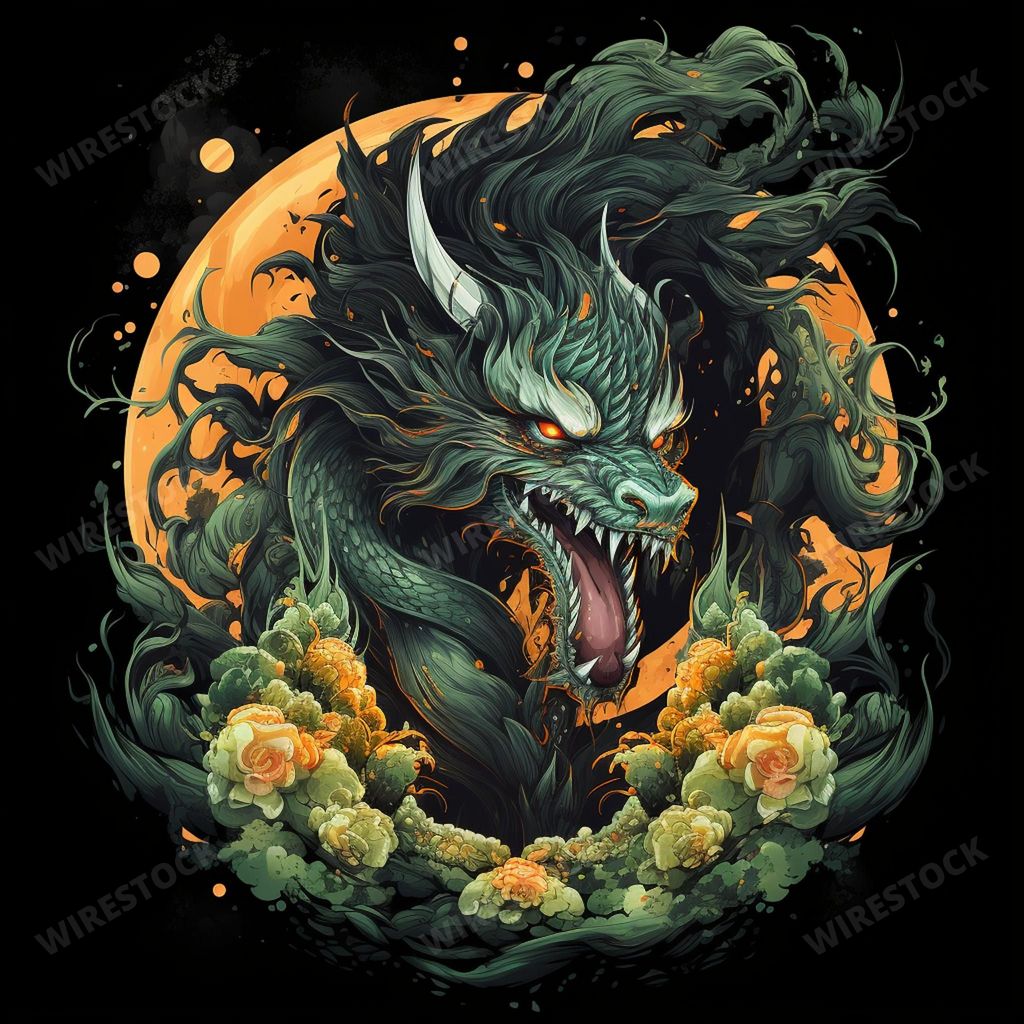 An AI generated illustration of a majestic dragon head with vibrant flames in the background