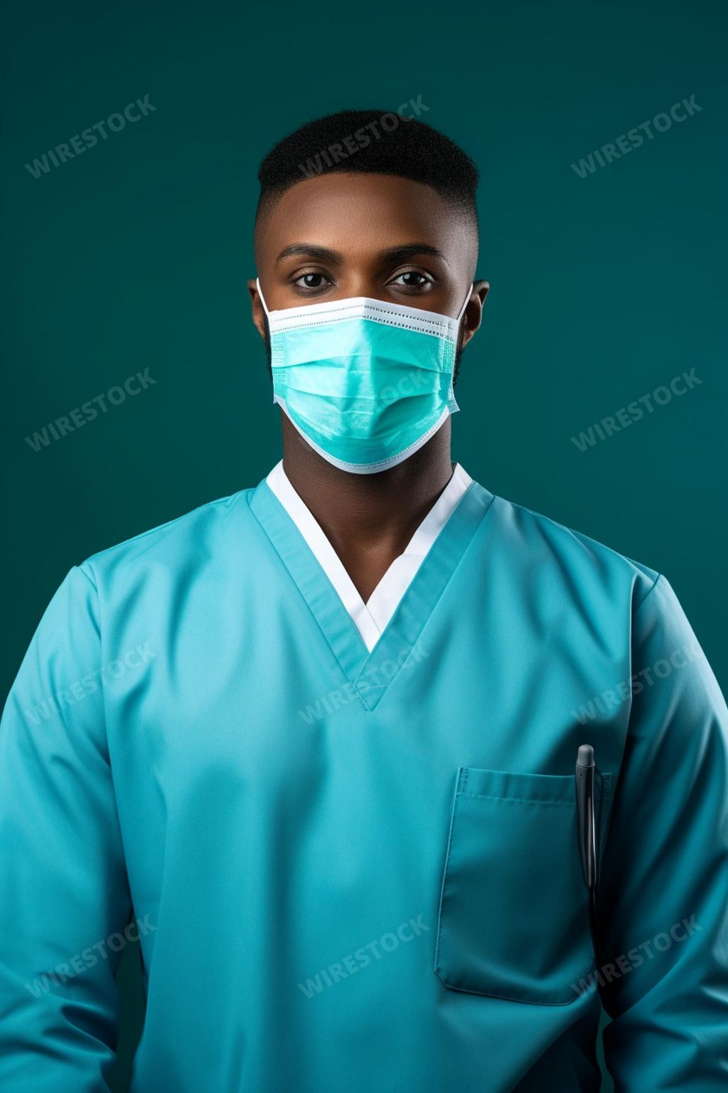 An AI generated illustration of a male doctor wearing a medical face mask in a studio setting