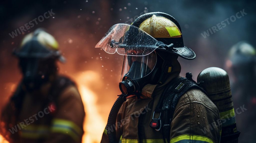 An AI generated illustration of A team of firefighters dressed in protective gear are illuminated in the night by a raging fire they are standing near