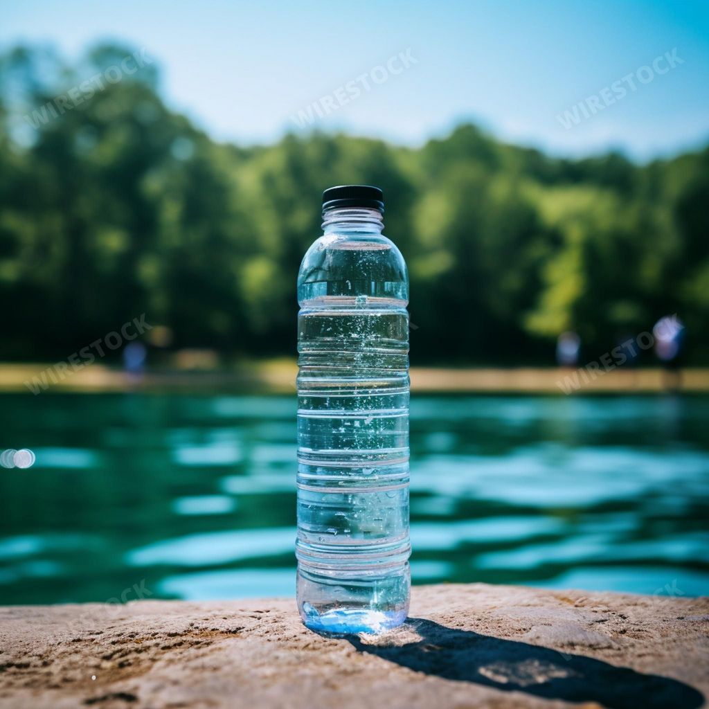 An AI generated illustration of a clear plastic water bottle on a rocky ledge over a pool