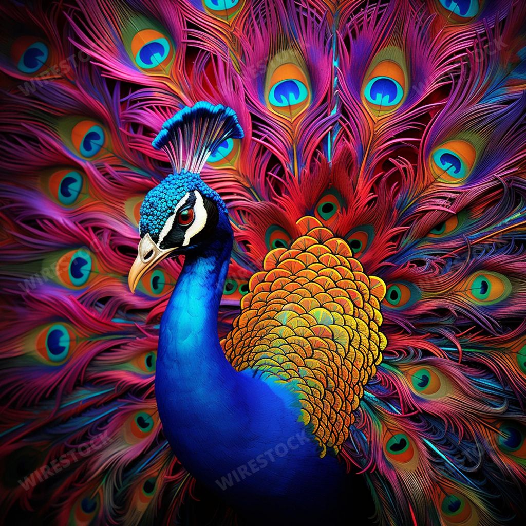 An AI generated illustration of a vibrant peacock standing tall and proud with its majestic tail feathers fanned out in a show of colorful display