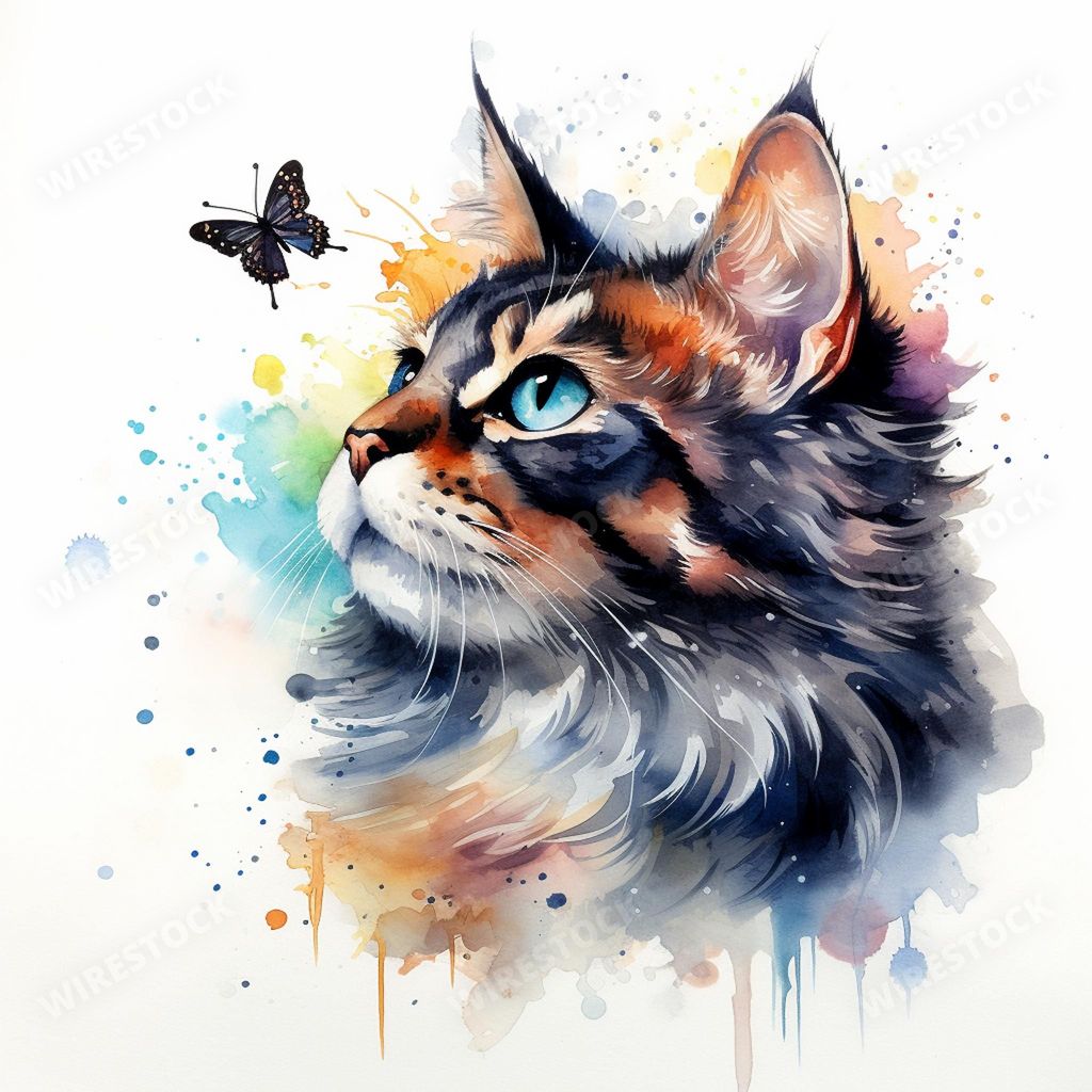 An AI generated illustration of a tabby cat looking at a butterfly on a white background