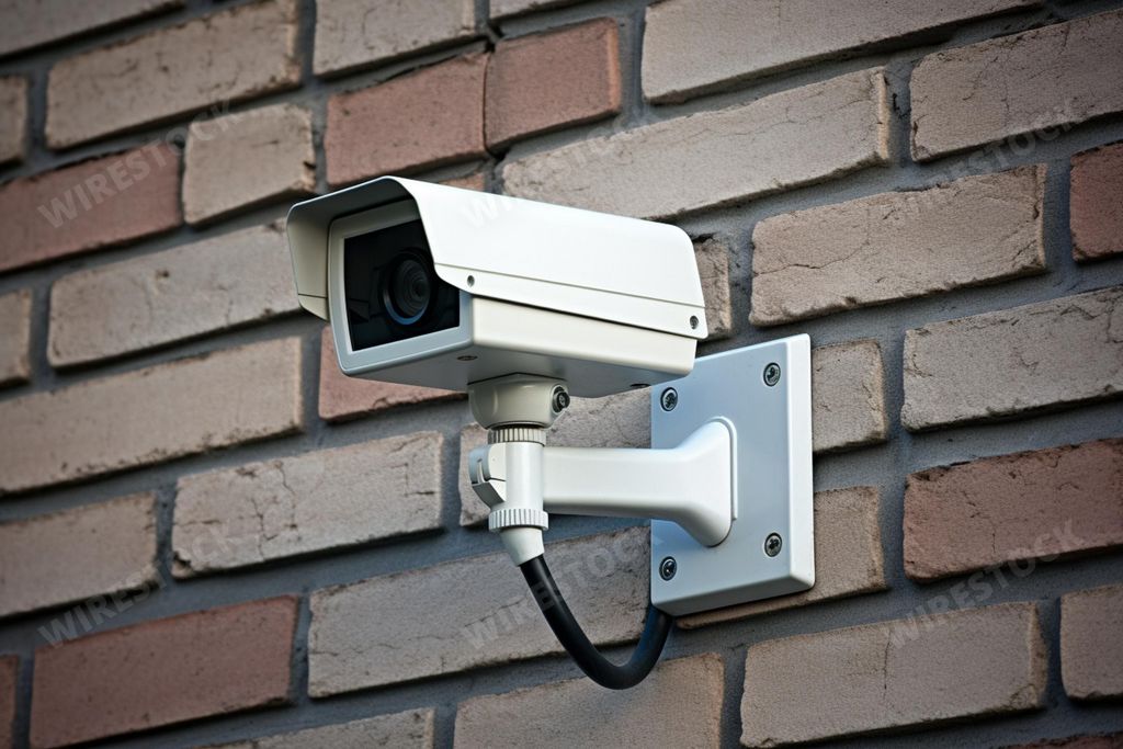 An AI generated illustration of A security camera  affixed to a brick wall